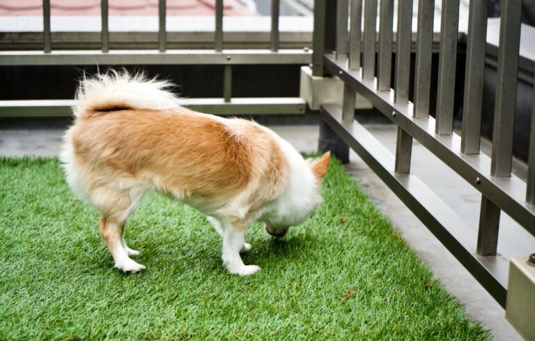 Small dog sniffing the ground in an artificial turf yard in Fort Mill, SC.